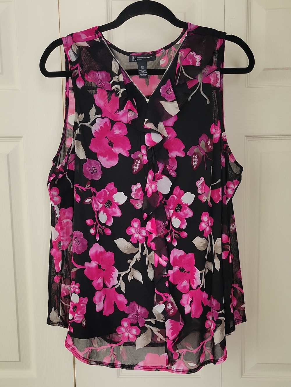Women’s Black Sleeveless Floral Blouse with Pink Flowers